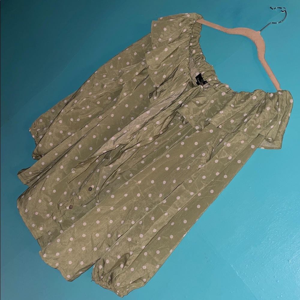 Suzanne Betro Olive Blouse with White Dots - Picture 4 of 16
